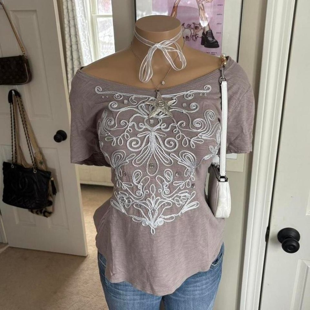 Y2K 2000s avant garde fairy unique off shoulder Taupe  short sleeve top